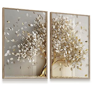 Quadro Decorativo Árvore Dourada Natureza Folhas Claras Kit 2