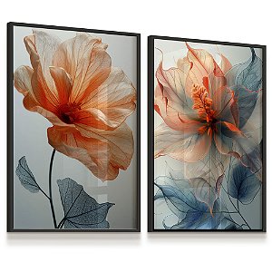 Quadro Decorativo Flores Delicadas Folhas Tons Laranja Verde