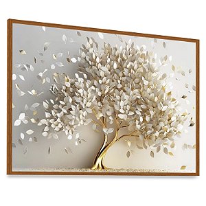 Quadro Decorativo Árvore da Vida Folhas Brancas Caule Dourado