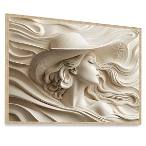 Quadro Decorativo Mulher Gesso Chapéu Elegante Ondas Tecido