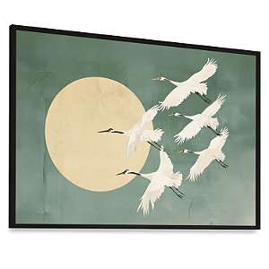 Quadro  Decorativo Pássaros Voadores Brancos Lua Gravura Japonesa