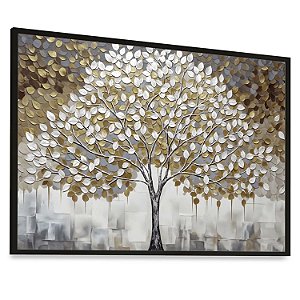 Quadro Decorativo Árvore da Vida Folhas Douradas Marrom Branca Natureza