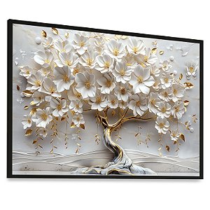 Quadro Árvore da Vida Flores Brancas Folhas Douradas Gold Natureza