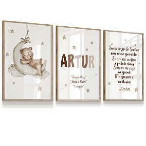 Quadro Infantil Personalizado Oração Ursinho Lua Nome Personalizado Kit 3 Quadros
