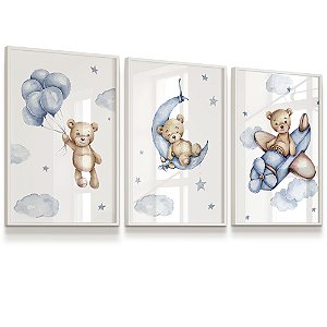 Quadro Decorativo Infantil Ursinho Azul Lua Aviãzinho Balão Nuvens kit 3