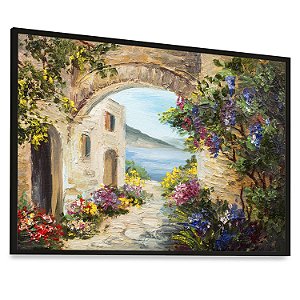 Quadro Decorativo Paisagem a Beira Mar Pintura Vilarejo Flores Rua