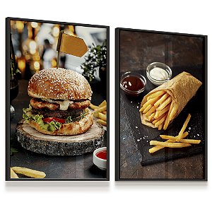 Quadro Decorativo Hamburguer Hamburgueria Lanche Batata Frita Kit 2