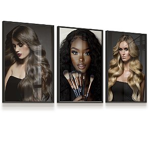 Quadro Cabelos Salão Beleza Cabeleireiro Profissão Cabelos Loira Morena Negra Kit 3 Quadros