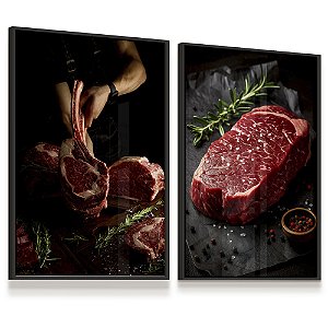 Quadro Decorativo Carne Crua Churrasco Churrascaria Açougue Tempero Kit 2
