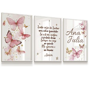 Quadro Decorativo Borboletas Rosa Dourado Nome Personalizado Oração Santo Anjo Kit 3 Quadros