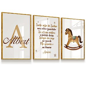 Quadro Infantil Oração Santo Anjo Nome Personalizado Cavalinho Balanço Kit 3 Quadros