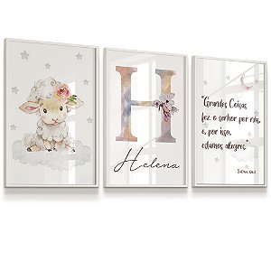 Quadro Decorativo Nome Personalizado Salmos Ovelinha Rosa Estrelas Kit 3 Quadros