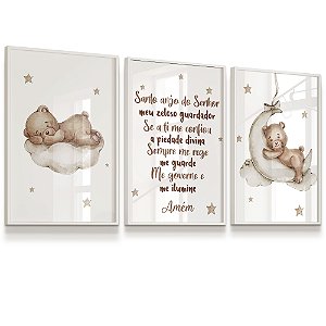Quadro Decorativo Infantil Ursinho Bege Dormindo Nuvem Lua Estrelas Oração Santo Anjo Kit 3 Quadros