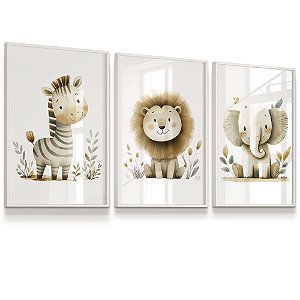 Quadro Decorativo Infantil Animais Zebrinha Elefantinho Leãozinho Selva Safari kit 3