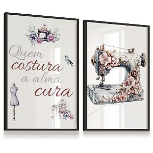 Quadro Decorativo Frase Máquina Flores Rosas Costureira Atêlie