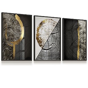 Quadro Composição Abstrato Moderno Preto e Dourado Anel Árvore 3 Quadros
