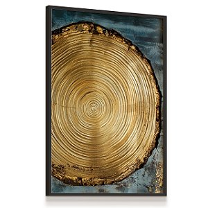 Quadro Decorativo Abstrato Anel de Tronco Árvore Tons Dourado Azul Círculos