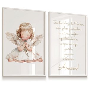 Quadro Decorativo Infantil Anjinha Frase Santo Anjo do Senhor Kit 2