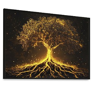 Quadro Decorativo Árvore da Vida Tons Preto Dourado Raízes Natureza