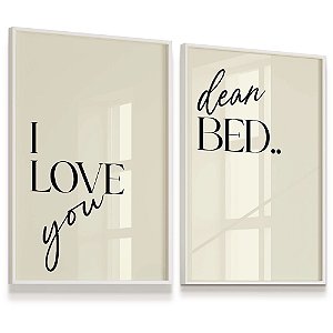 Quadro Decorativo Kit 2 Frase Querida Cama Eu te Amo I love You Dear Bed