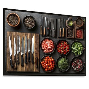 Quadro Decorativo Temperos Folhas Tomate Facas Churrasco Mise en place