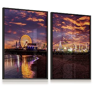 Quadro Decorativo Pier Santa Mônica Los Angeles Cidades Roda Gigante Praia Mar Por do Sol Kit 2