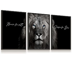 Quadro Decorativo Leão Nunca Foi Sorte Sempre Foi Deus Animais Kit 3 Religioso