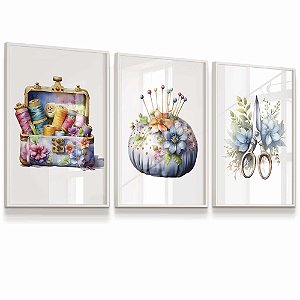 Quadro Costura Máquina Agulha Tesoura Atelier Alfineteiro Costureira Tons Azuis Kit 3 Quadros