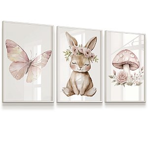 Quadro Decorativo Infantil Borboleta Coelho Cogumelo Flores Rosas Kit 3 Quadros