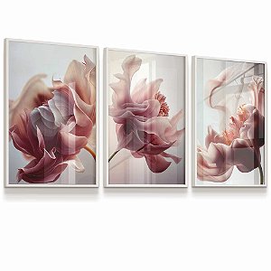 Quadro Decorativo Moderno Flores Delicadas Tons Rosa Natureza Kit 3 Quadros