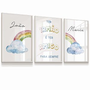 Quadro Decorativo Infantil Nuvem Irmãos Frase Arco- Íris Kit 3 Quadros