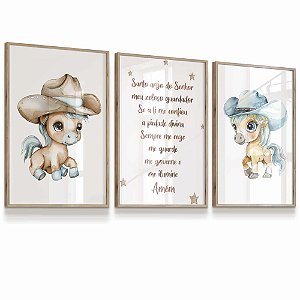 Quadro Decorativo Infantil Cavalinhos Cowboy Chapéu Oração  kit 3