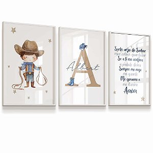 Quadro Decorativo Infantil Personalizado Cowboy Chapéu Oração Santo Anjo kit 3