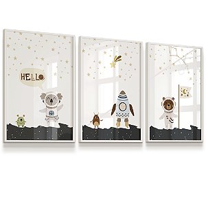Quadro Decorativo Infantil Koala Foguete Urso Planeta Estrela kit 3