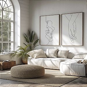 Quadro Decorativo Casal Rostos Face Mãos Minimalista Amor Namorados Traços Finos