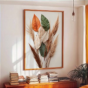 Quadro Decorativo Folhas Secas Tons Laranja Verde Trigo Natureza