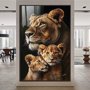 Quadro Decorativo Leoa 2 Filhotes Maternal Animais Família
