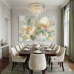 Quadro Decorativo Floral Flores Tons Claros Verde Branco Luxo Natureza