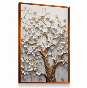 Quadro Árvore da Vida Tons Dourado e Flores Brancas Luxo Delicadas