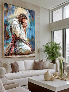 Quadro Decorativo Jesus Orando Efeito Pintura Tons Azul Religião