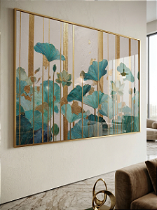 Quadro Decorativo Flores Tons Verde Dourado Delicadas Lótus Pintura