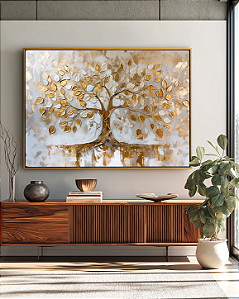 Quadro Decorativo Árvore da Vida Folhas Douradas com Brancas Delicadas