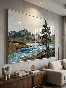 Quadro Decorativo Paisagem Árvore Rio Montanhas Natureza Pintura