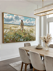 Quadro Decorativo Jesus Caminhando Campo Orvalho Flores Religioso Oração