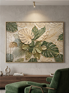 Quadro Decorativo Folhagem Tons de verde-sálvia Detalhes Dourados Costela de Adão
