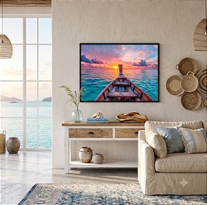 Quadro Decorativo Barco Vista Por do Sol Mar Azul Natureza