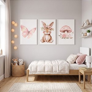 Kit 3 Quadros Decorativos Infantil Coelhinha Cogumelo Flores Borboleta Rosa