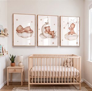 Kit 3 Quadros Decorativos Infantil Ursinho Dormindo Nuvem Pescador