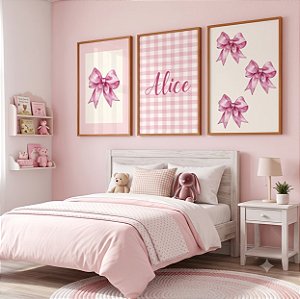Kit 3 Quadros Decorativos Infantil Laço Xadrez Rosa Nome Personalizado