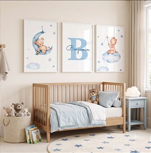 Kit 3 Quadros Infantil Ursinho Nome Personalizado Pescando Lua Estrelas Tons Azuis Quarto